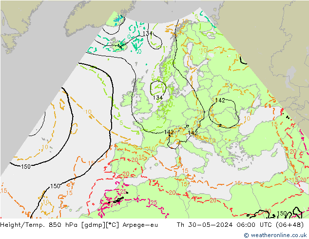 Height/Temp. 850 гПа Arpege-eu чт 30.05.2024 06 UTC