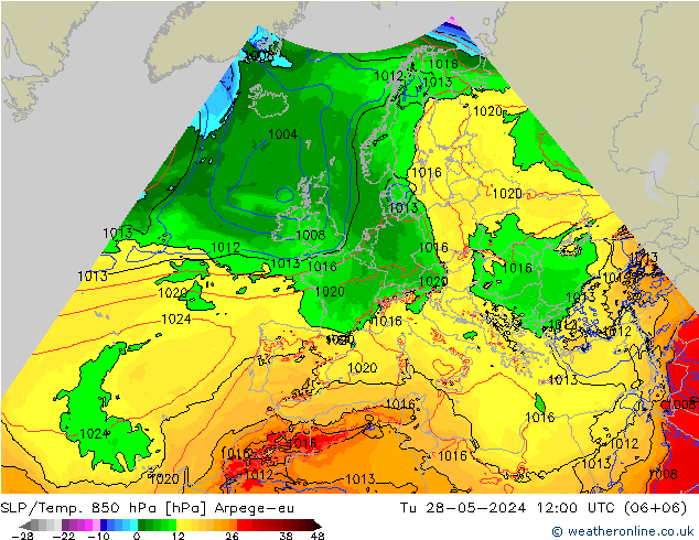 SLP/Temp. 850 hPa Arpege-eu Tu 28.05.2024 12 UTC