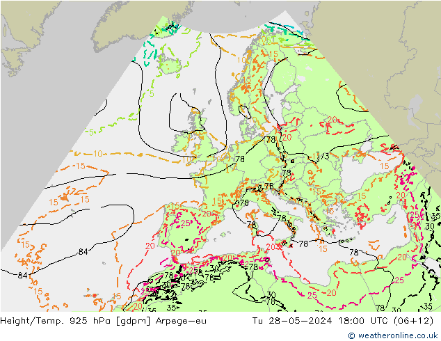 Height/Temp. 925 hPa Arpege-eu Út 28.05.2024 18 UTC