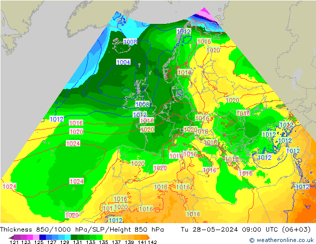 Schichtdicke 850-1000 hPa Arpege-eu Di 28.05.2024 09 UTC