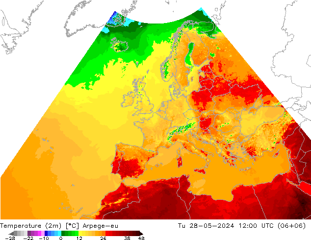 Temperature (2m) Arpege-eu Út 28.05.2024 12 UTC