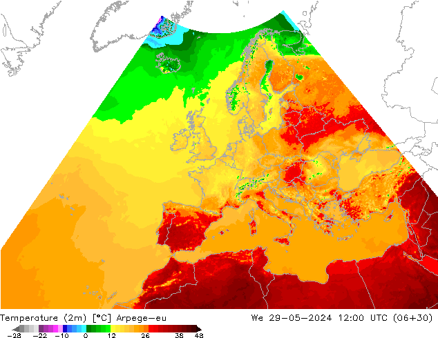 Temperatuurkaart (2m) Arpege-eu wo 29.05.2024 12 UTC