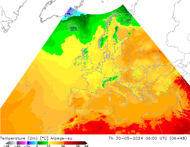 Temperatura (2m) Arpege-eu Qui 30.05.2024 06 UTC