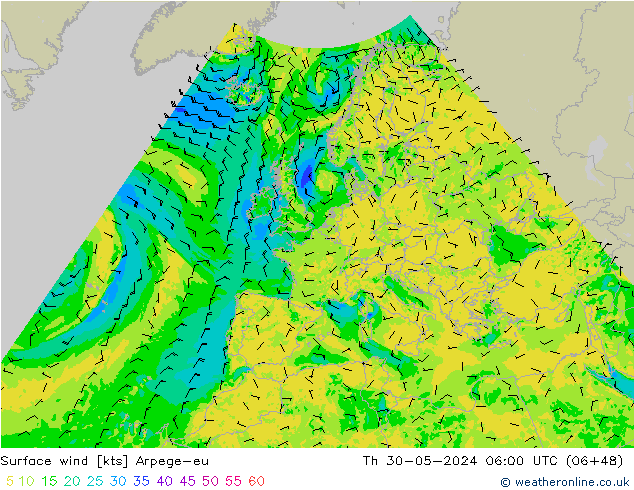 wiatr 10 m Arpege-eu czw. 30.05.2024 06 UTC