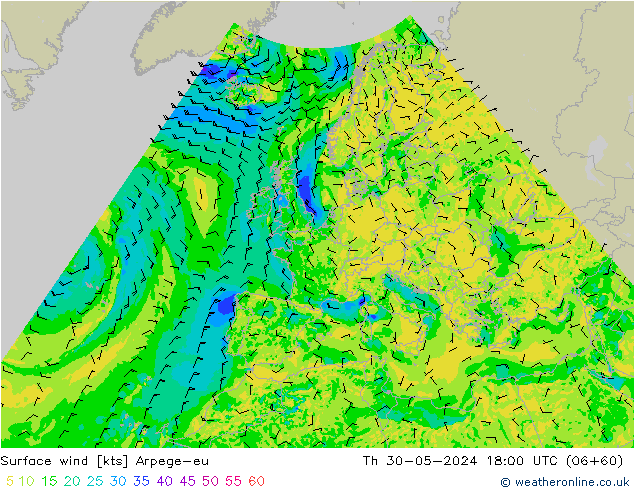 Vento 10 m Arpege-eu Qui 30.05.2024 18 UTC