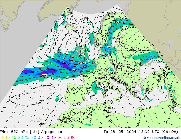 wiatr 850 hPa Arpege-eu wto. 28.05.2024 12 UTC