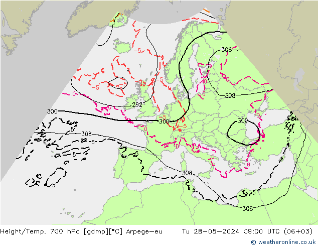 Height/Temp. 700 hPa Arpege-eu Tu 28.05.2024 09 UTC