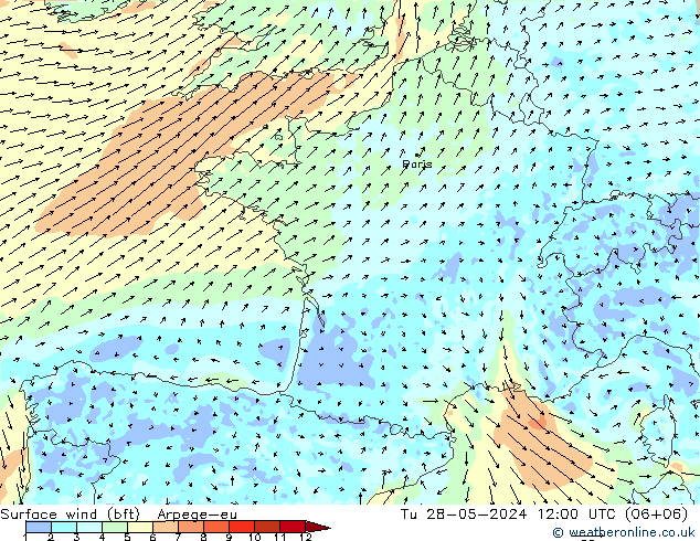 Surface wind (bft) Arpege-eu Tu 28.05.2024 12 UTC