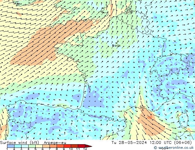 Vento 10 m (bft) Arpege-eu Ter 28.05.2024 12 UTC