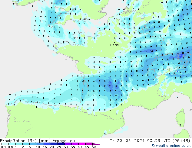 Precipitación (6h) Arpege-eu jue 30.05.2024 06 UTC