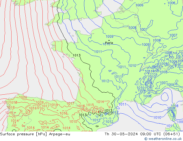 Pressione al suolo Arpege-eu gio 30.05.2024 09 UTC