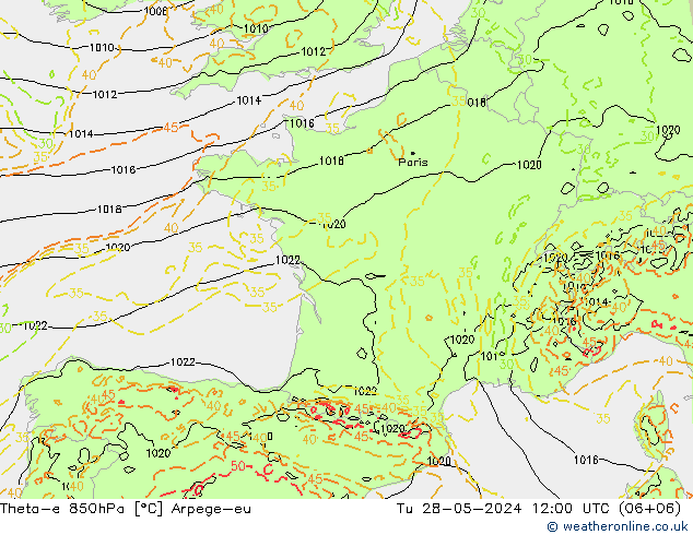 Theta-e 850гПа Arpege-eu вт 28.05.2024 12 UTC