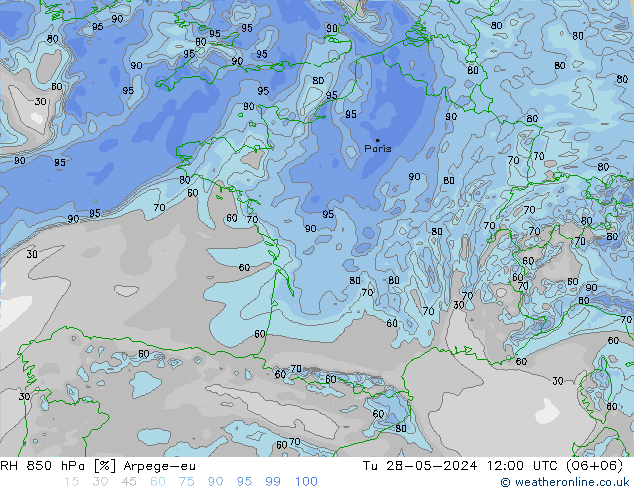 RH 850 hPa Arpege-eu Ter 28.05.2024 12 UTC