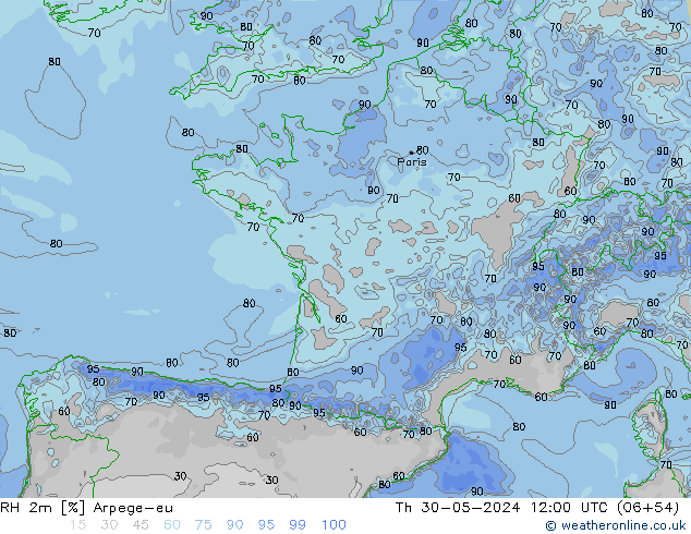 RH 2m Arpege-eu Th 30.05.2024 12 UTC