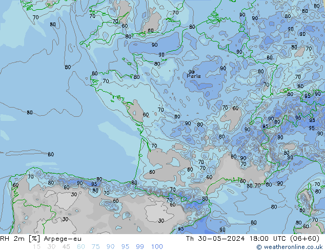 RH 2m Arpege-eu Čt 30.05.2024 18 UTC