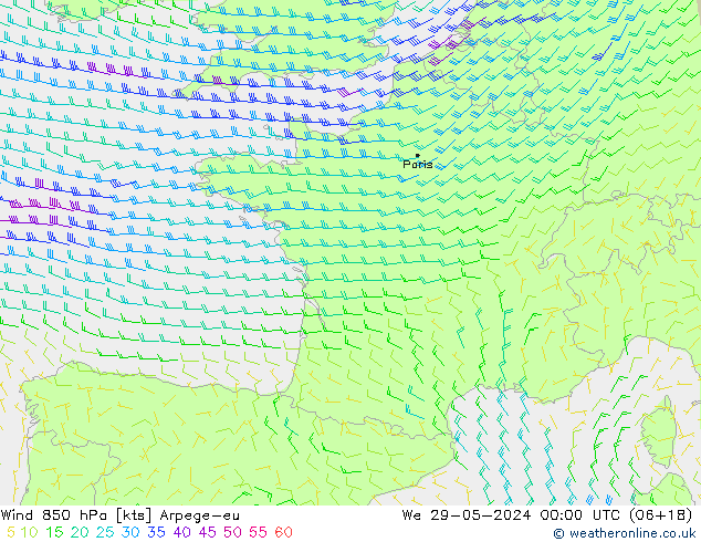 Vento 850 hPa Arpege-eu Qua 29.05.2024 00 UTC