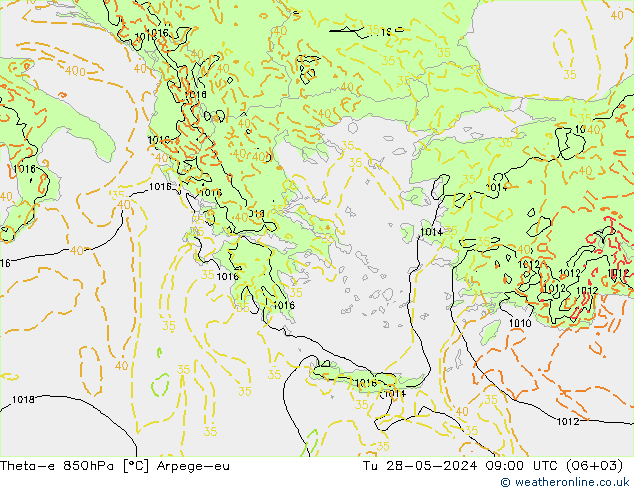 Theta-e 850hPa Arpege-eu mar 28.05.2024 09 UTC