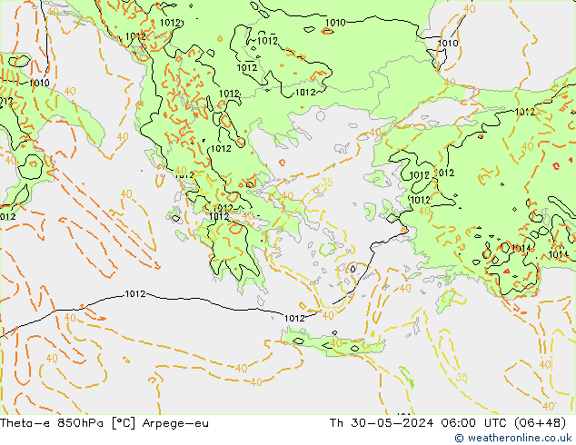 Theta-e 850hPa Arpege-eu Do 30.05.2024 06 UTC