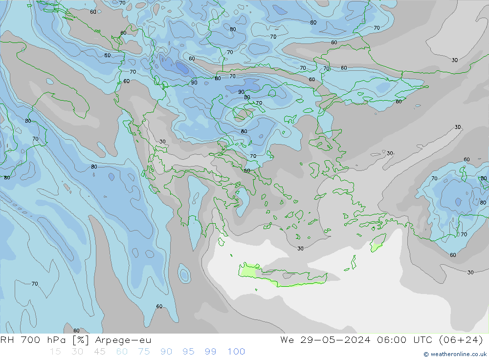 Humidité rel. 700 hPa Arpege-eu mer 29.05.2024 06 UTC
