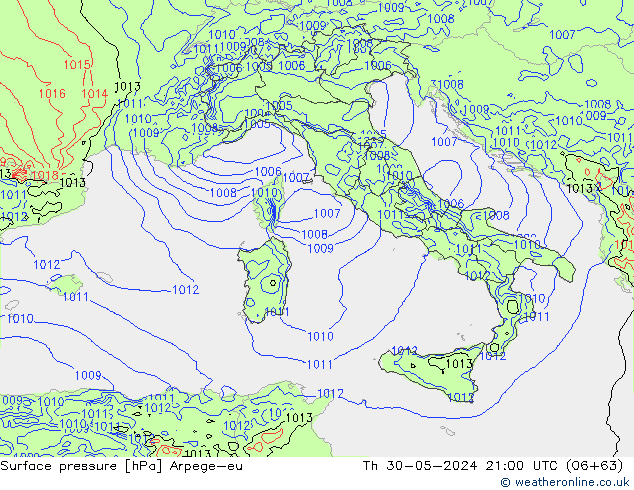 Presión superficial Arpege-eu jue 30.05.2024 21 UTC