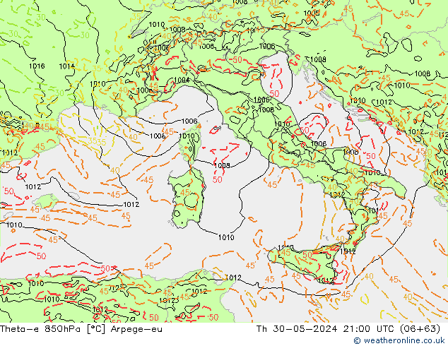 Theta-e 850hPa Arpege-eu Do 30.05.2024 21 UTC