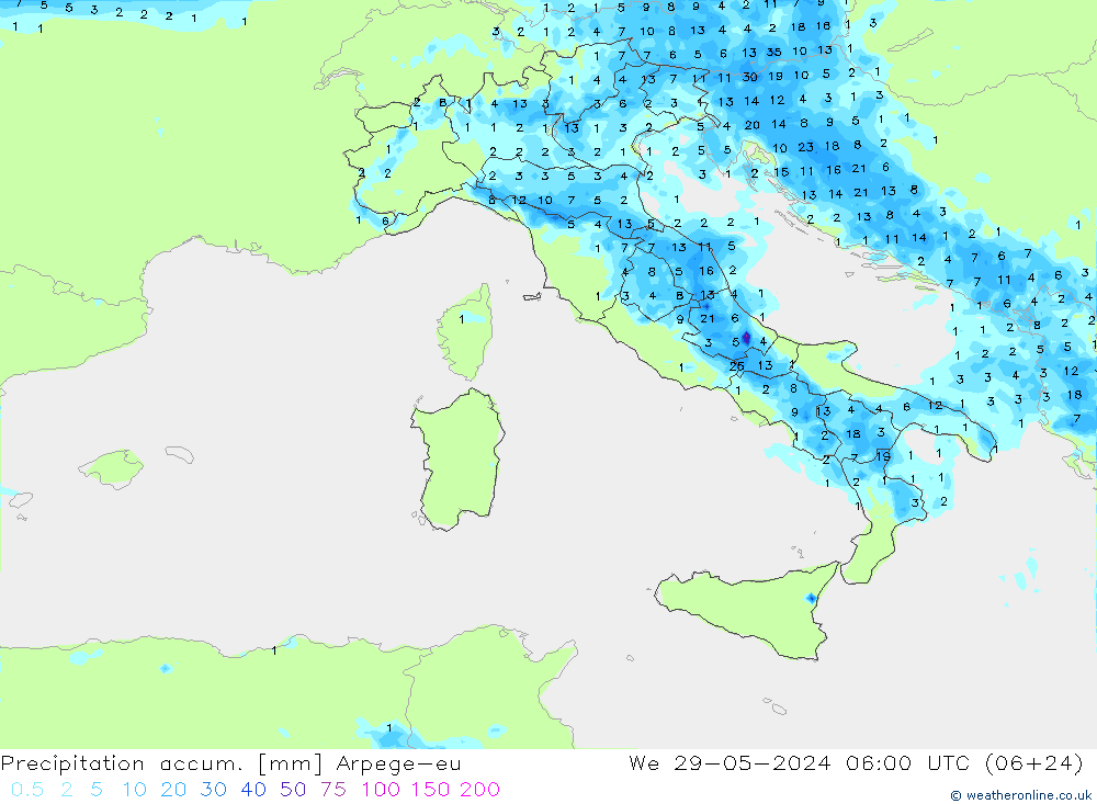 Precipitation accum. Arpege-eu  29.05.2024 06 UTC