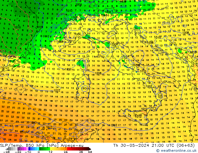 SLP/Temp. 850 hPa Arpege-eu Do 30.05.2024 21 UTC