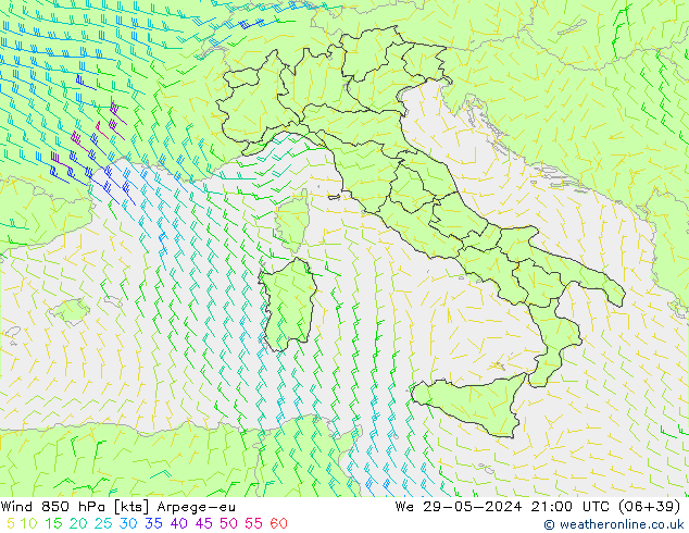 Vento 850 hPa Arpege-eu mer 29.05.2024 21 UTC