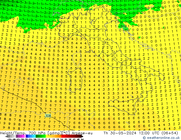 Height/Temp. 700 гПа Arpege-eu чт 30.05.2024 12 UTC