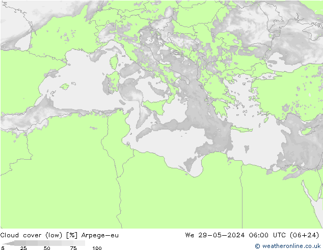 Cloud cover (low) Arpege-eu We 29.05.2024 06 UTC