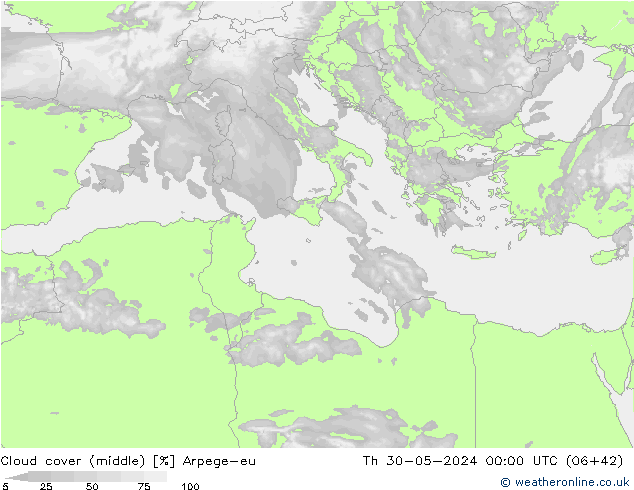Cloud cover (middle) Arpege-eu Th 30.05.2024 00 UTC