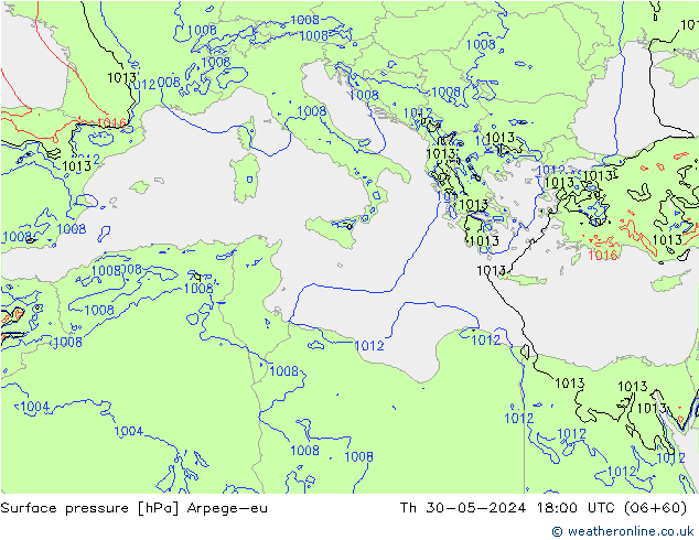 Atmosférický tlak Arpege-eu Čt 30.05.2024 18 UTC