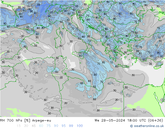 Humedad rel. 700hPa Arpege-eu mié 29.05.2024 18 UTC