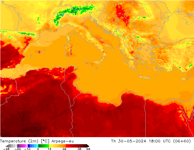 Temperature (2m) Arpege-eu Th 30.05.2024 18 UTC