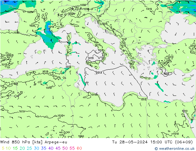 Vento 850 hPa Arpege-eu Ter 28.05.2024 15 UTC