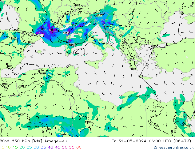 Vento 850 hPa Arpege-eu Sex 31.05.2024 06 UTC