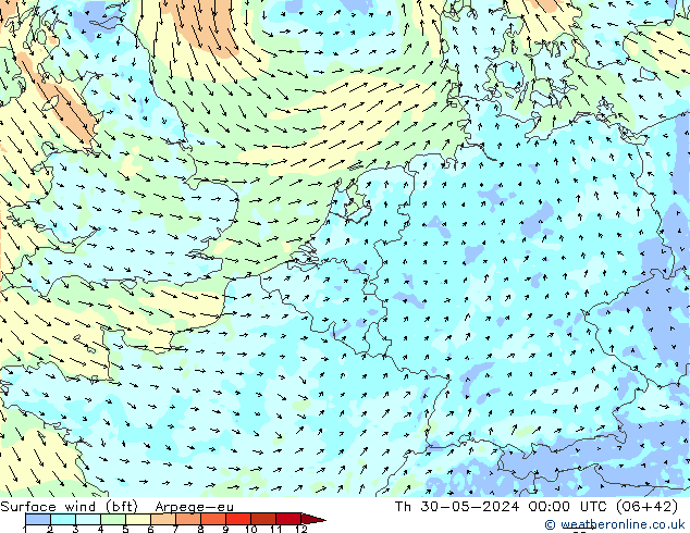 Surface wind (bft) Arpege-eu Th 30.05.2024 00 UTC