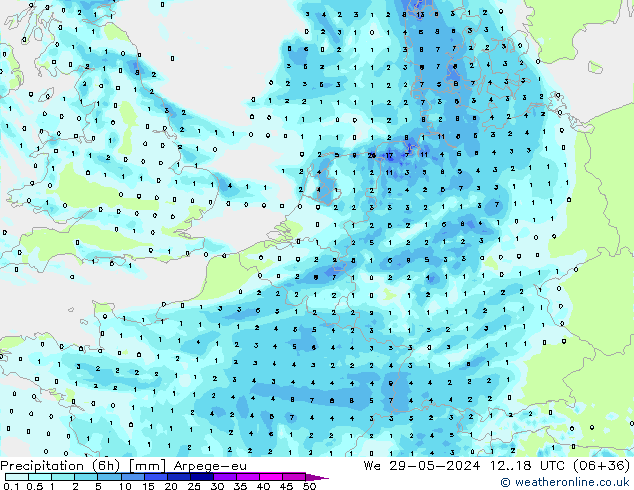 Precipitação (6h) Arpege-eu Qua 29.05.2024 18 UTC