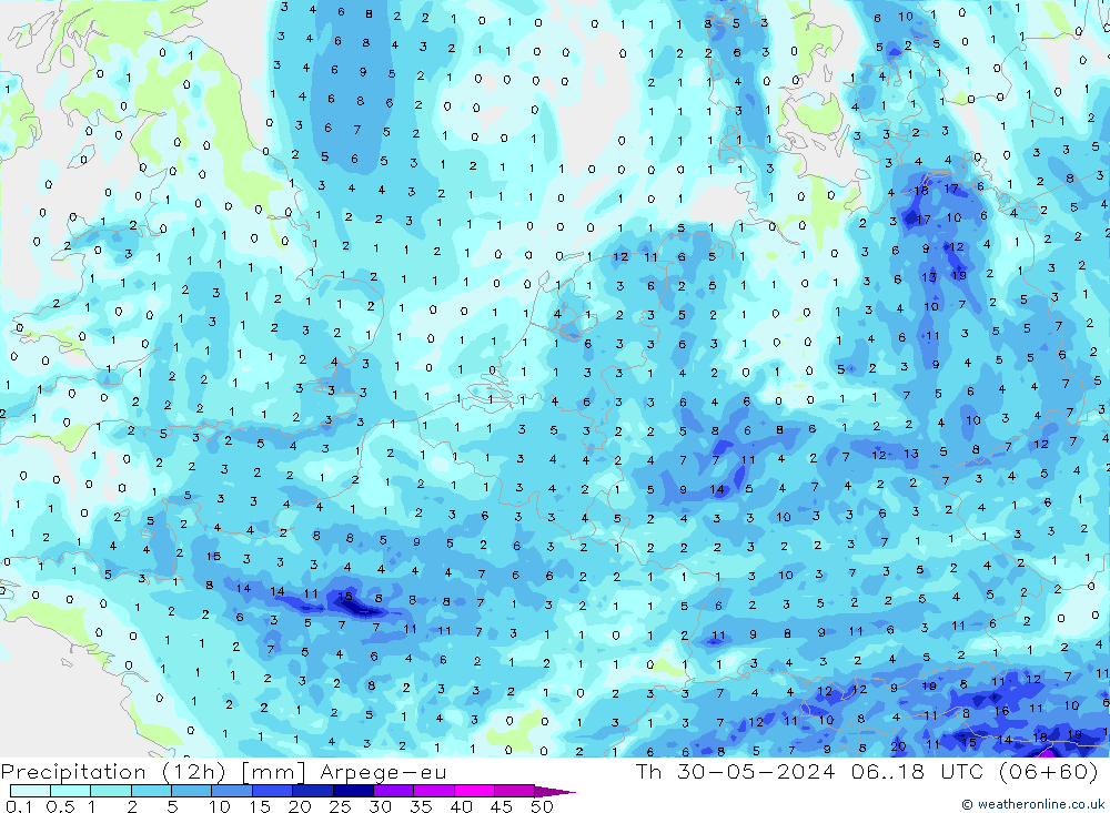 Precipitation (12h) Arpege-eu Th 30.05.2024 18 UTC