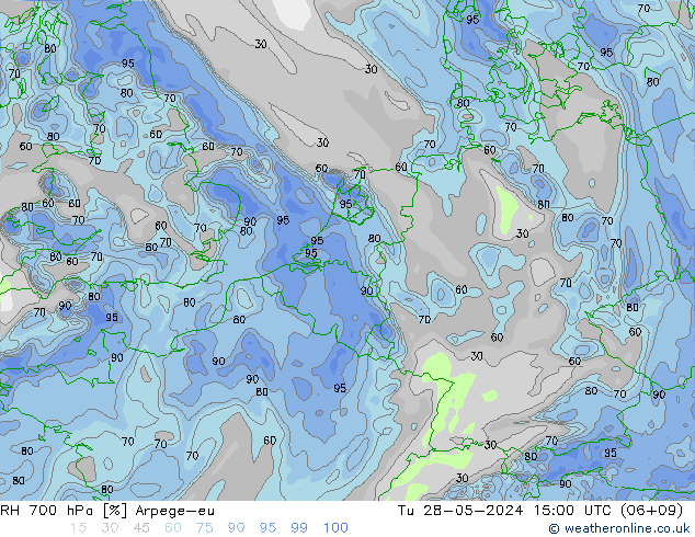 Humidité rel. 700 hPa Arpege-eu mar 28.05.2024 15 UTC