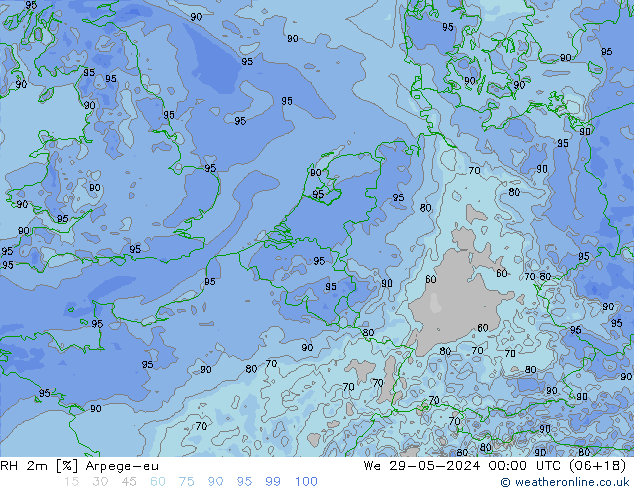 RH 2m Arpege-eu Qua 29.05.2024 00 UTC