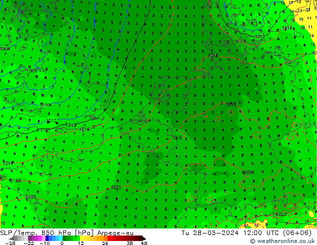 SLP/Temp. 850 hPa Arpege-eu Ter 28.05.2024 12 UTC