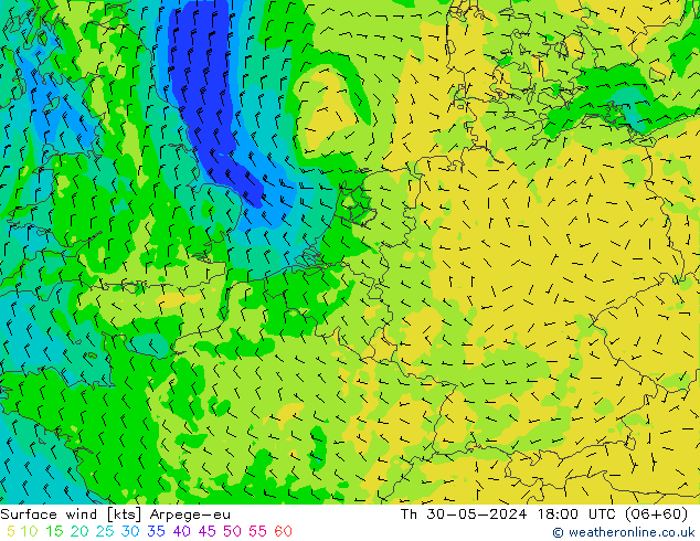 Surface wind Arpege-eu Čt 30.05.2024 18 UTC