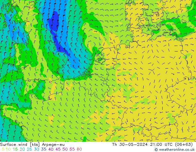 Surface wind Arpege-eu Th 30.05.2024 21 UTC