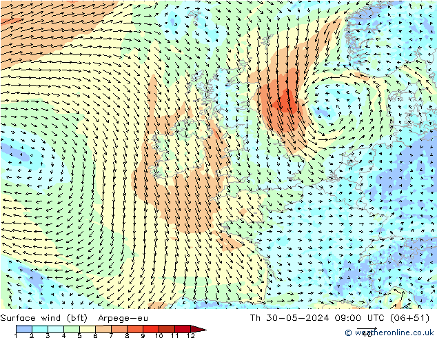 Wind 10 m (bft) Arpege-eu do 30.05.2024 09 UTC