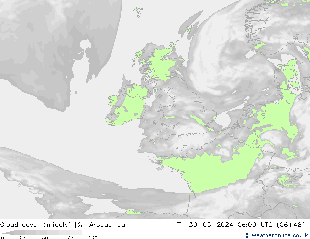 Cloud cover (middle) Arpege-eu Th 30.05.2024 06 UTC