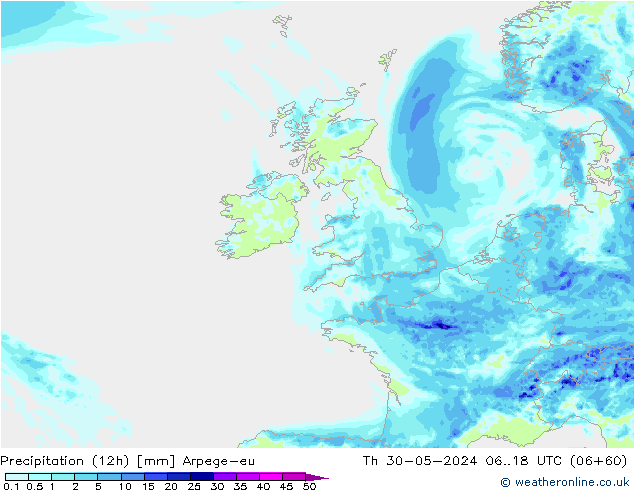 Precipitación (12h) Arpege-eu jue 30.05.2024 18 UTC