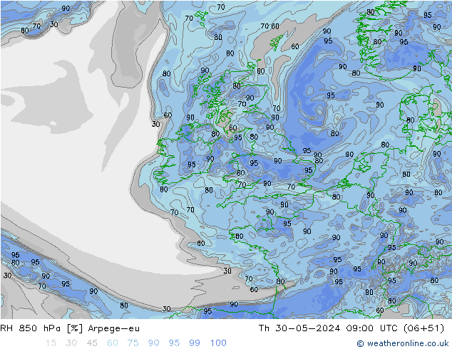 RH 850 hPa Arpege-eu gio 30.05.2024 09 UTC