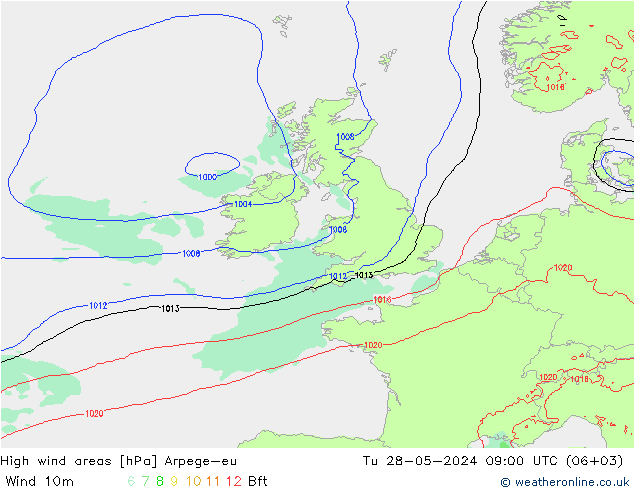 High wind areas Arpege-eu Tu 28.05.2024 09 UTC