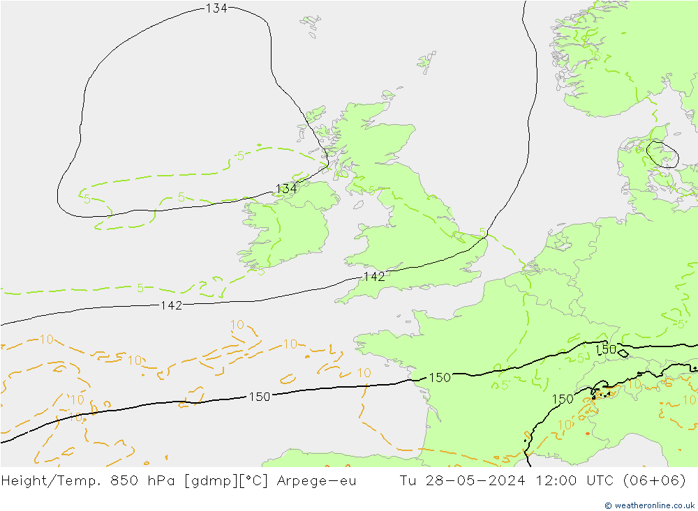 Hoogte/Temp. 850 hPa Arpege-eu di 28.05.2024 12 UTC